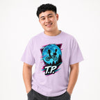 Model wearing an Orchid T-shirt with two children riding a bicycle in front of a large blue moon and pine trees.