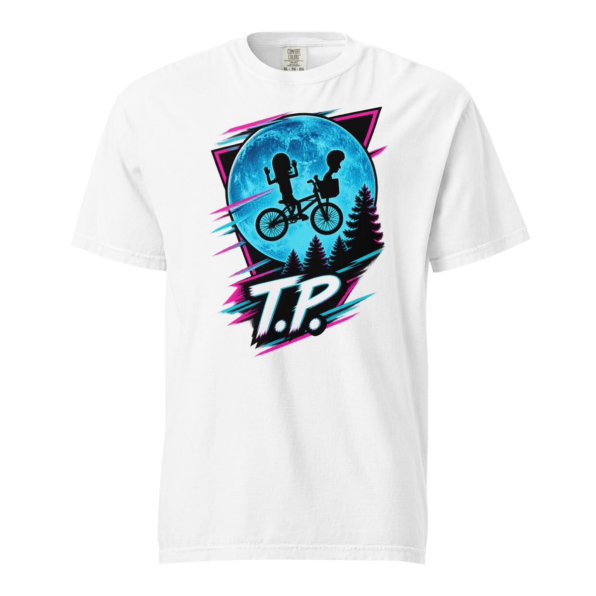 Front view of a white T-shirt with two silhouetted children riding a bicycle before a blue moon, pine trees, neon accents, and “T.P.” lettering.