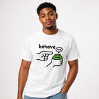 Front view of a model wearing a white T-shirt with a frog, pointing hand, and the words “behave” and “no.”