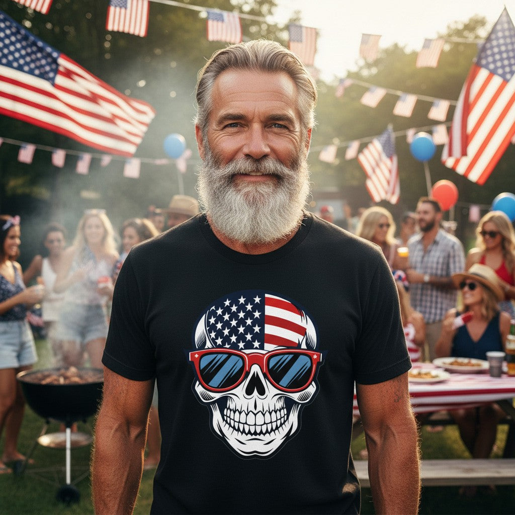 Man wearing a black t-shirt with a skull design featuring American flags at a casual outdoor gathering.