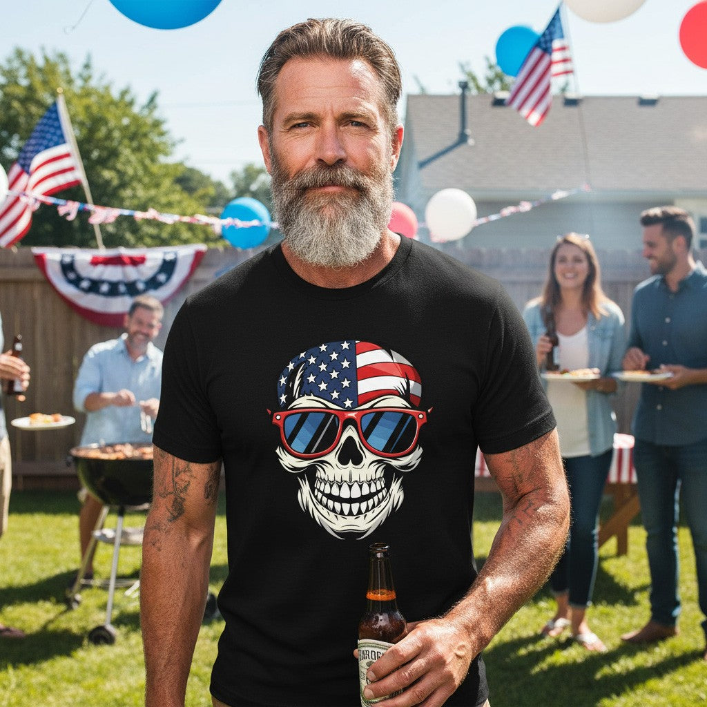 Man wearing a black t-shirt with an american flag skull design holding a beer, standing outdoors with people and decorations in the background.