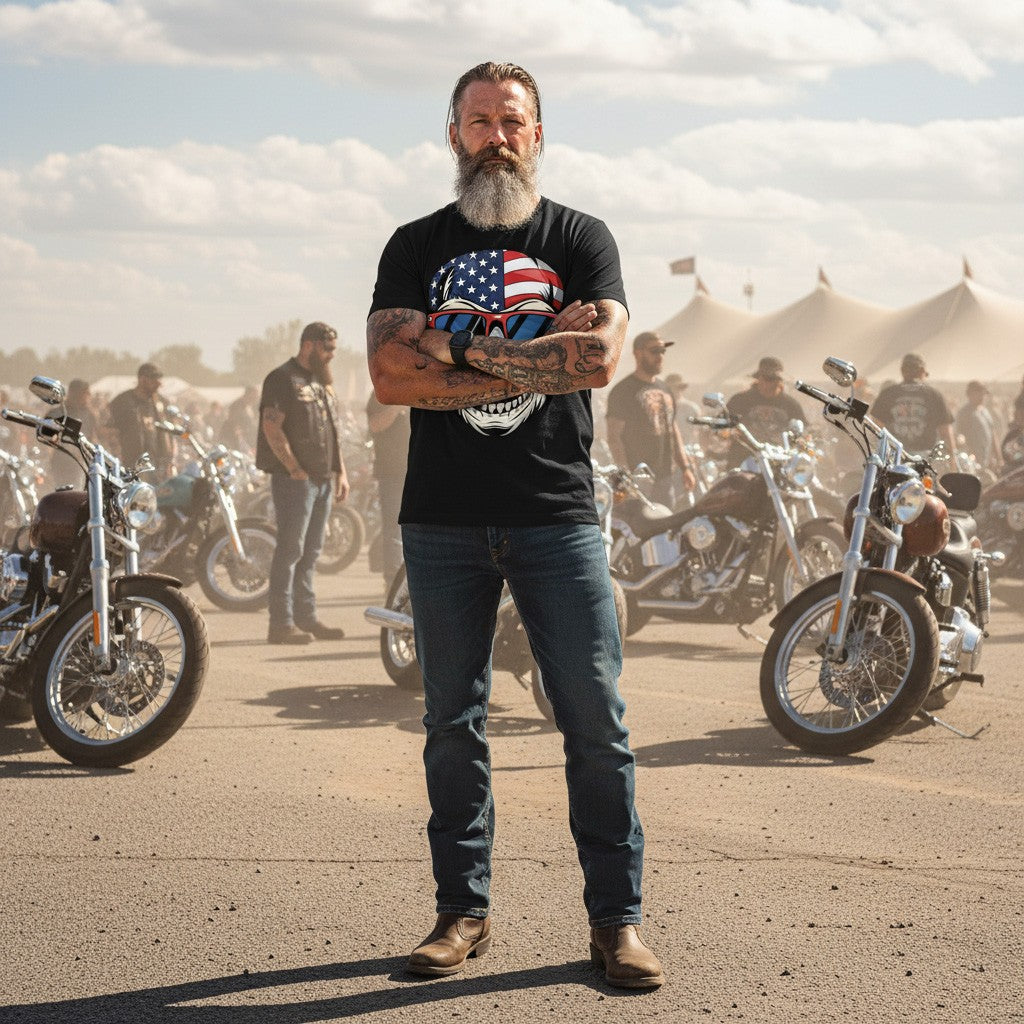 Man with tattoos and a beard standing in front of motorcycles at a rally.