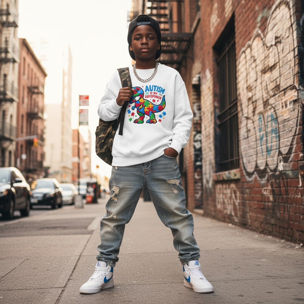 Black boy wearing a white autism superpower dino sweatshirt.