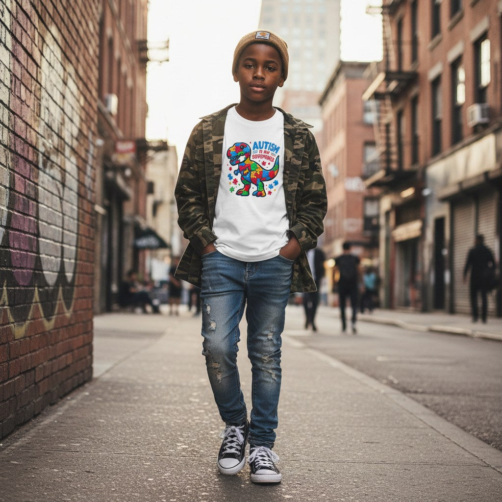 Black boy wearing a white autism superpower dinosaur t-shirt.