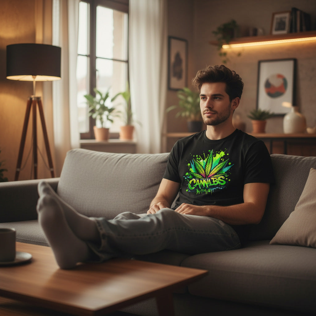 Man sitting on a couch wearing a black t-shirt with a cannabis design in a living room.