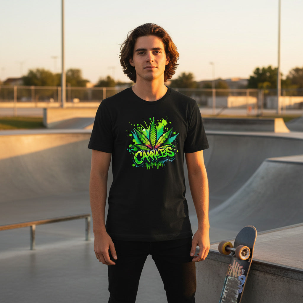 Person wearing a black t-shirt with colorful cannabis design at a skate park.