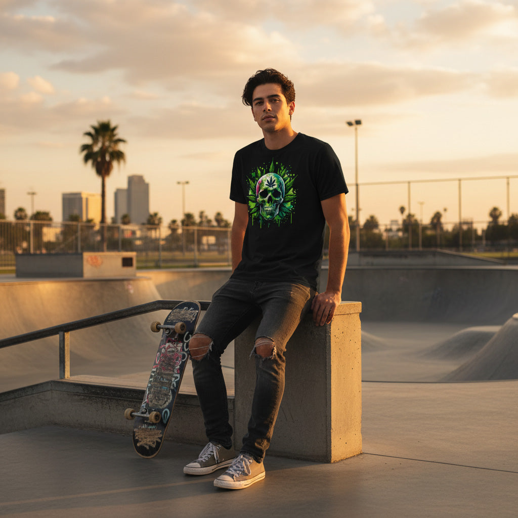 Person sitting on a concrete ledge at a skate park with a skateboard, wearing a black t-shirt with a cannabis skull design.