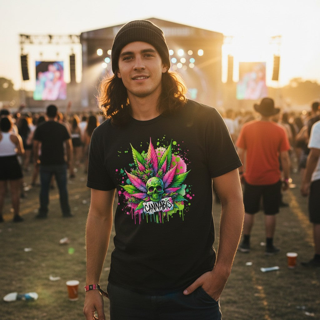 Person wearing a black t-shirt with colorful cannabis design at a music festival.