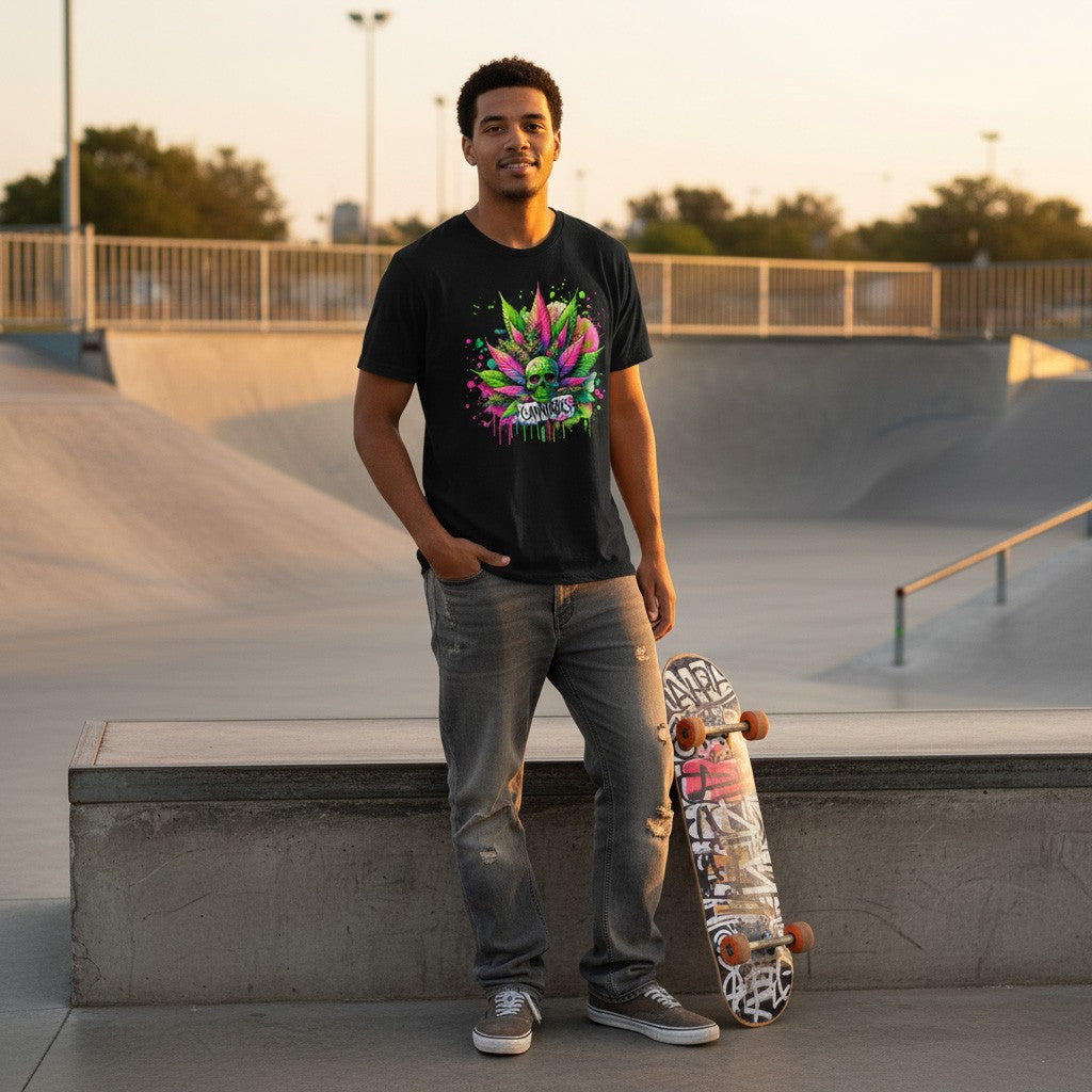 Man holding a skateboard at a skate park with a black colorful cannabis designed shirt.