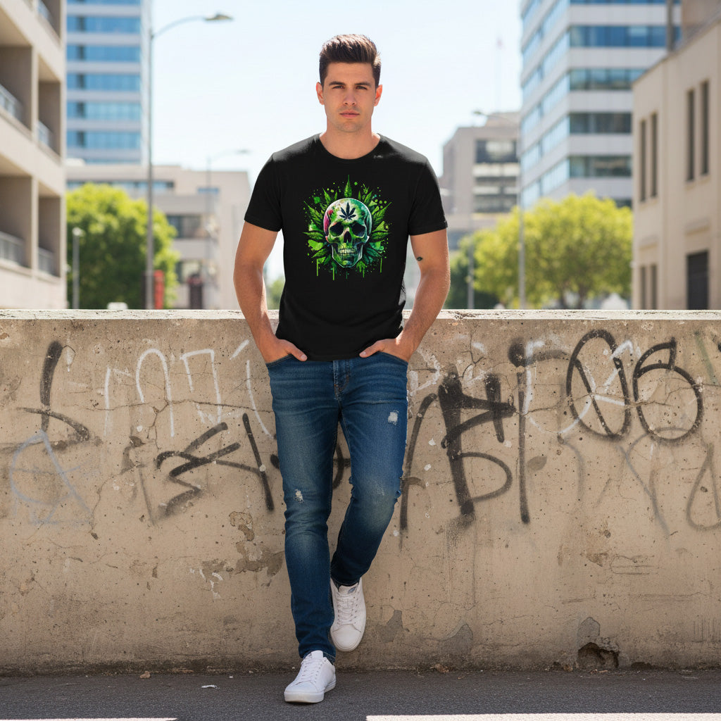 Man wearing a black cannabis skull t-shirt design, standing in an urban setting with graffiti on a wall.