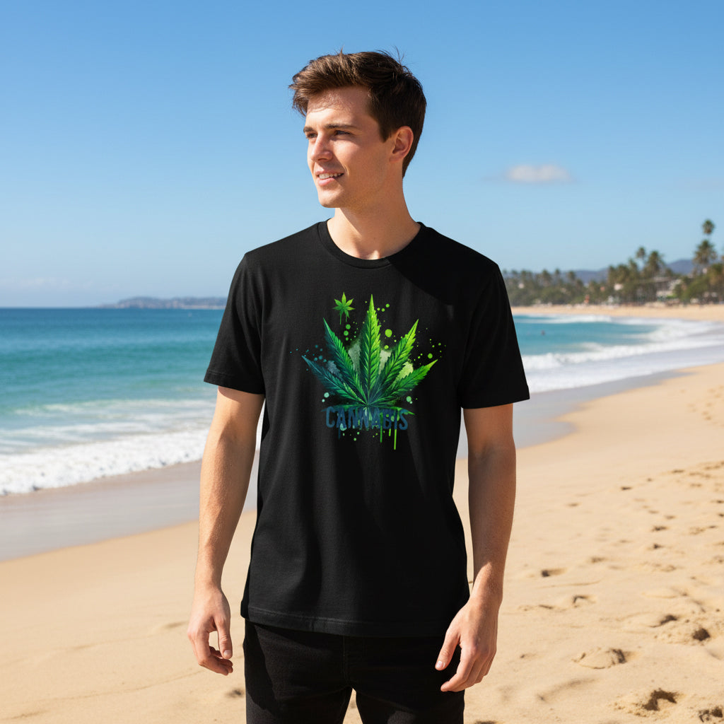 Person wearing a black t-shirt with a cannabis leaf design on a beach