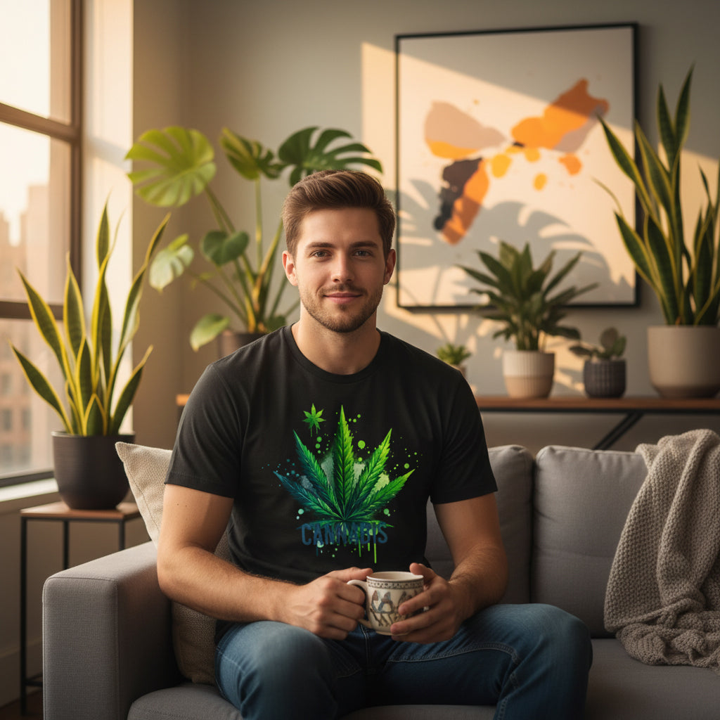 Man sitting on a couch wearing a cannabis leaf t-shirt in a room with plants and a painting.