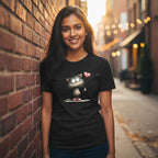 Woman wearing a black t-shirt with a cat graphic on a street.