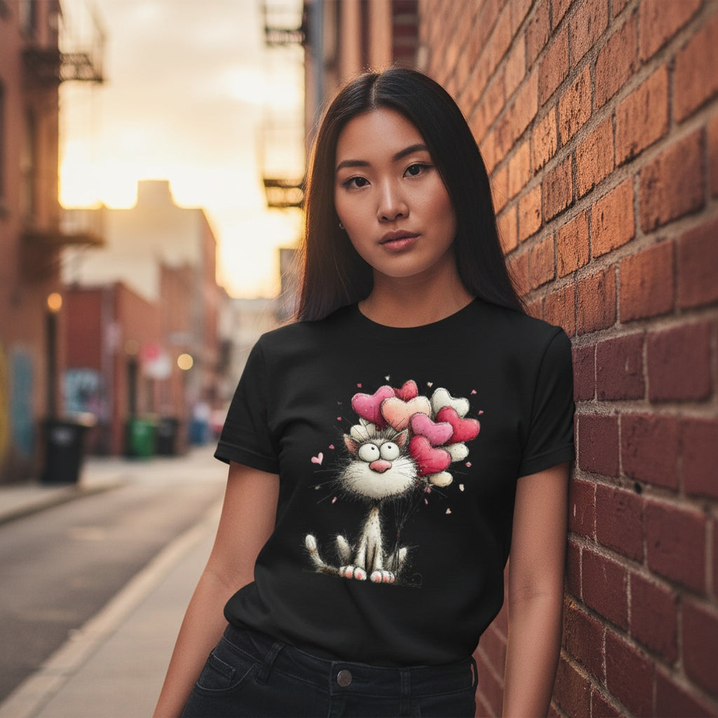 Woman wearing a black t-shirt with a cat and heart design on a street.