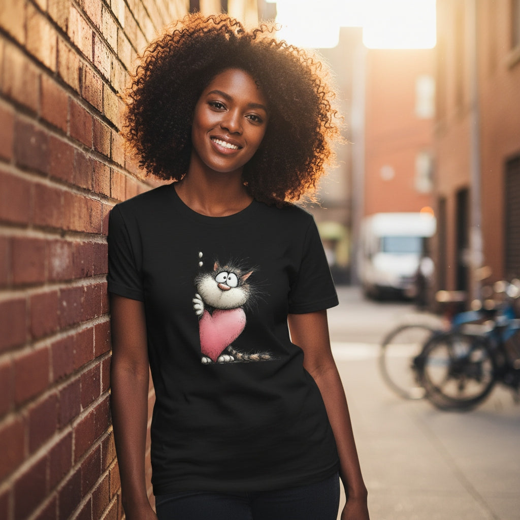 Woman wearing a black t-shirt with a cartoon design, standing against a brick wall.