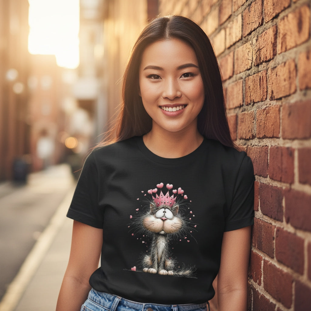 Woman wearing a black t-shirt with a cat graphic against a brick wall.