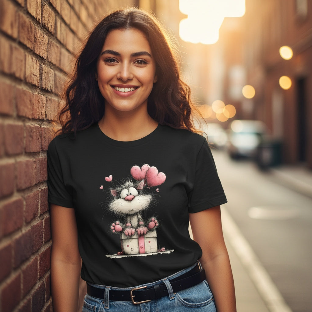 Woman wearing a black t-shirt with a cartoon cat design, standing against a brick wall on a street.