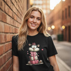 Woman wearing a black t-shirt with a cartoon design, standing against a brick wall.