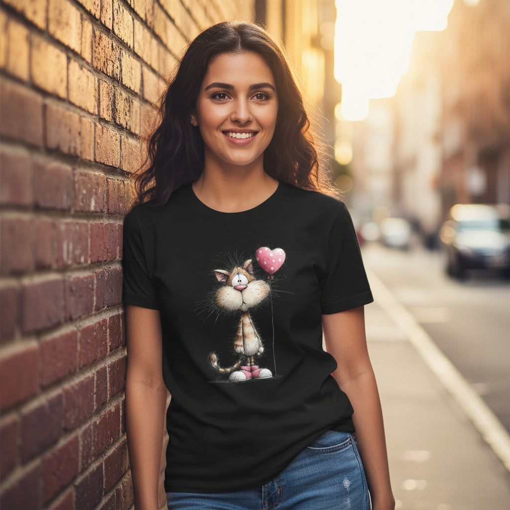 Woman wearing a black t-shirt with a cat graphic, standing against a brick wall on a street.