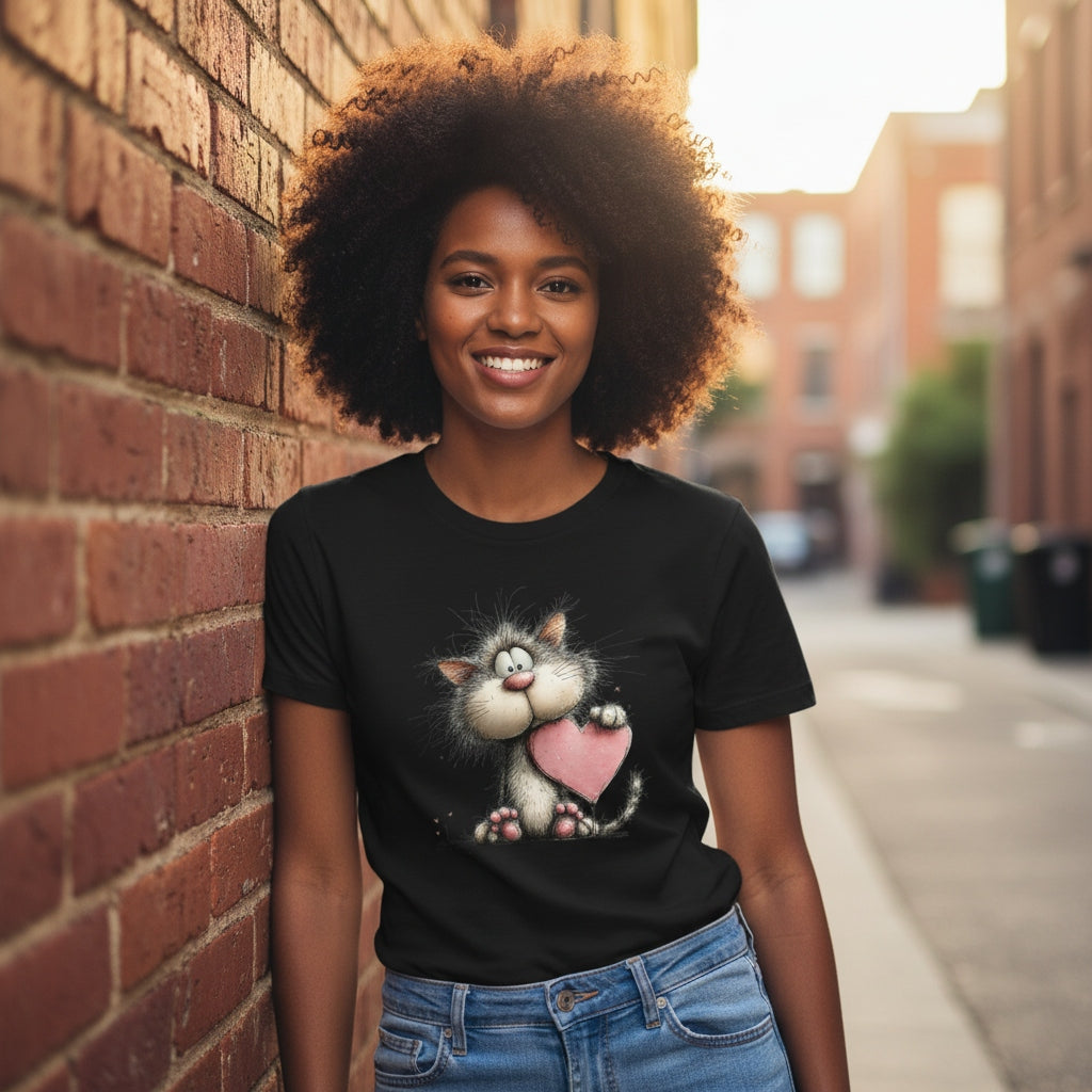 Woman wearing a black t-shirt with a cartoon cat design, standing against a brick wall.