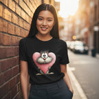 Woman wearing a black t-shirt with a cartoon cat holding a heart on a street.
