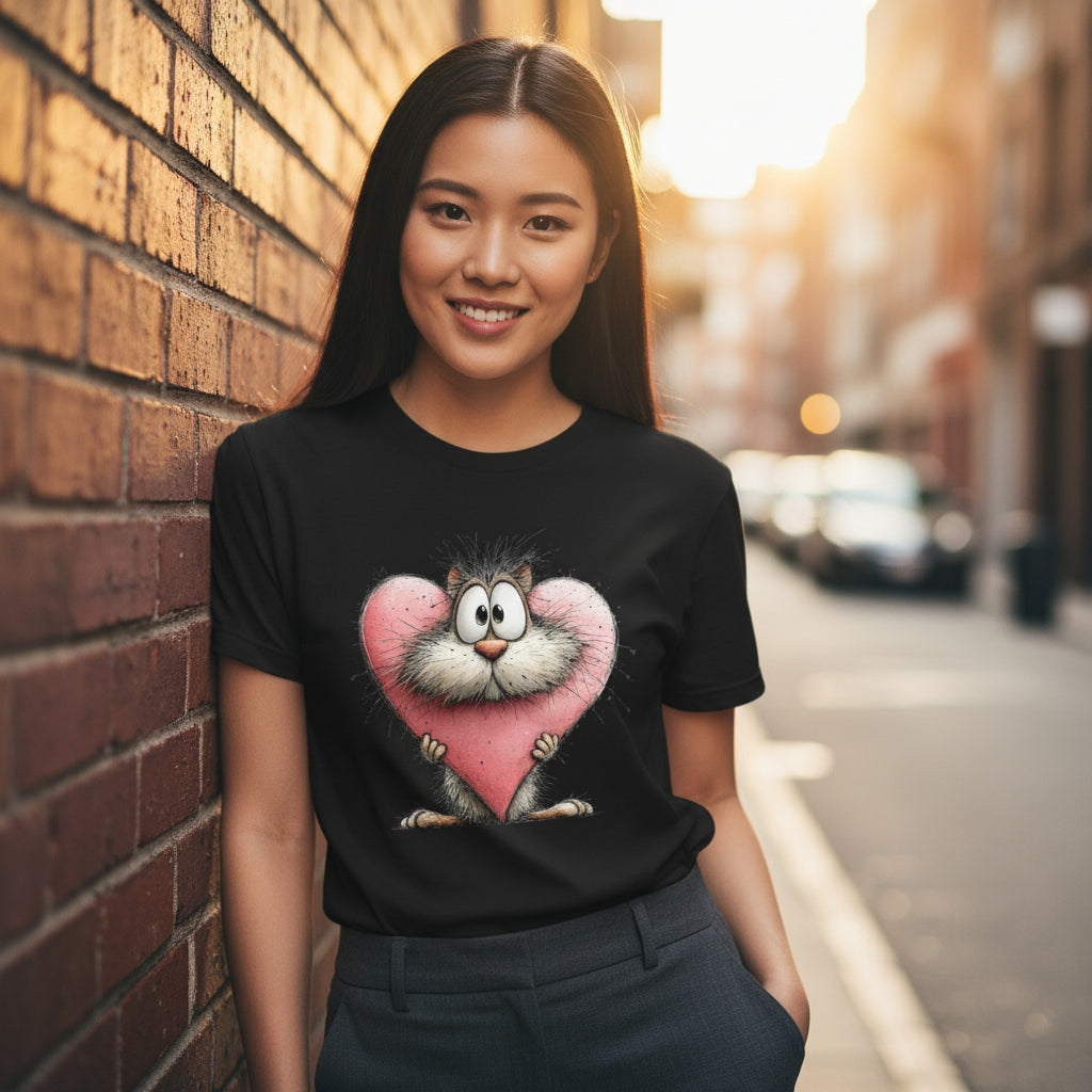 Woman wearing a black t-shirt with a cartoon cat holding a heart on a street.