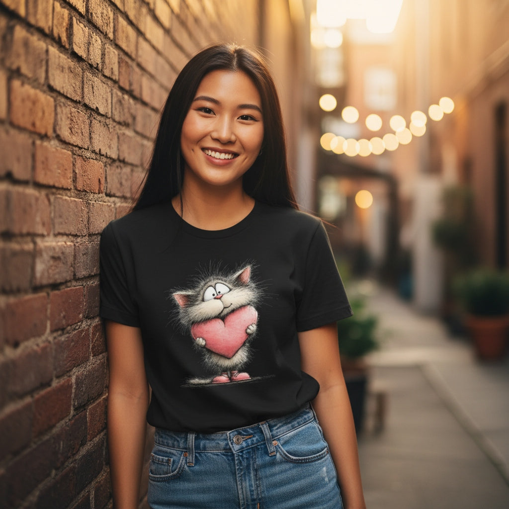 Person wearing a black t-shirt with a cartoon cat design, standing against a brick wall.