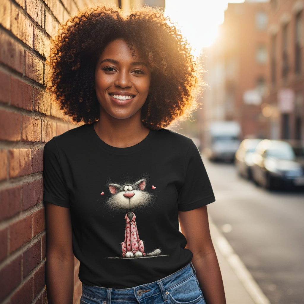 Woman wearing a black t-shirt with a cat graphic, standing against a brick wall on a street.