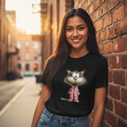 Woman wearing a black t-shirt with a cat graphic, standing against a brick wall.