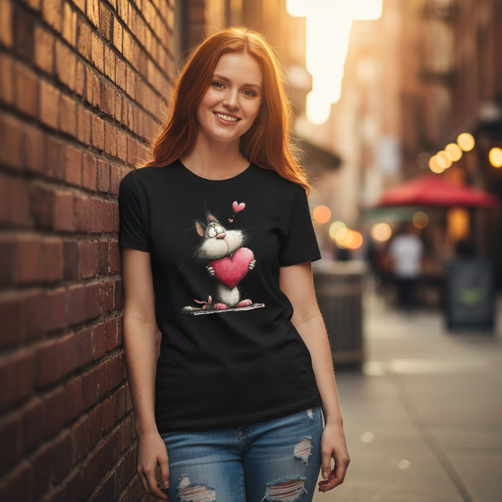 Woman wearing a black t-shirt with a graphic design of a cat holding a heart, standing against a brick wall on a city street.