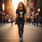 Woman walking down a city street wearing a black t-shirt with a graphic design.