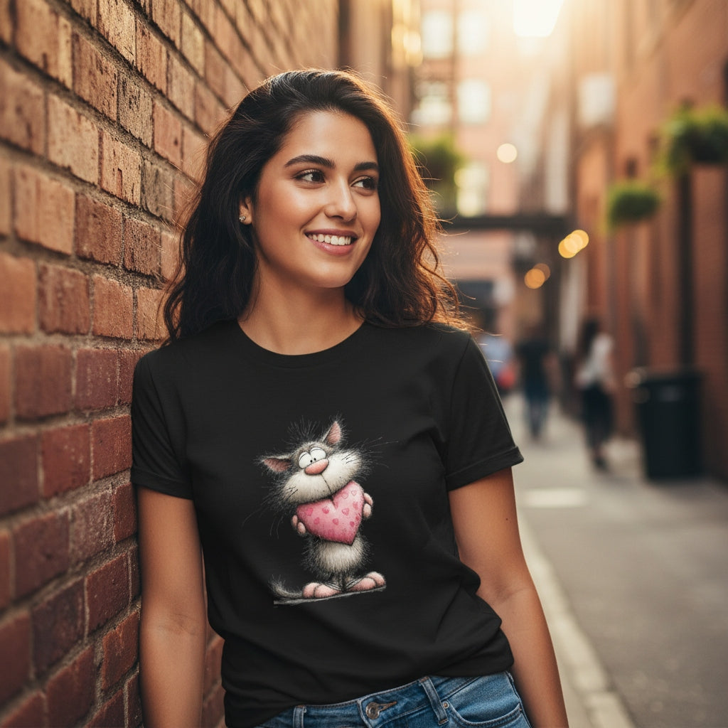 Woman wearing a black t-shirt with a cartoon cat design, standing against a brick wall.