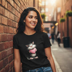 Woman wearing a black t-shirt with a cartoon cat design, standing against a brick wall.
