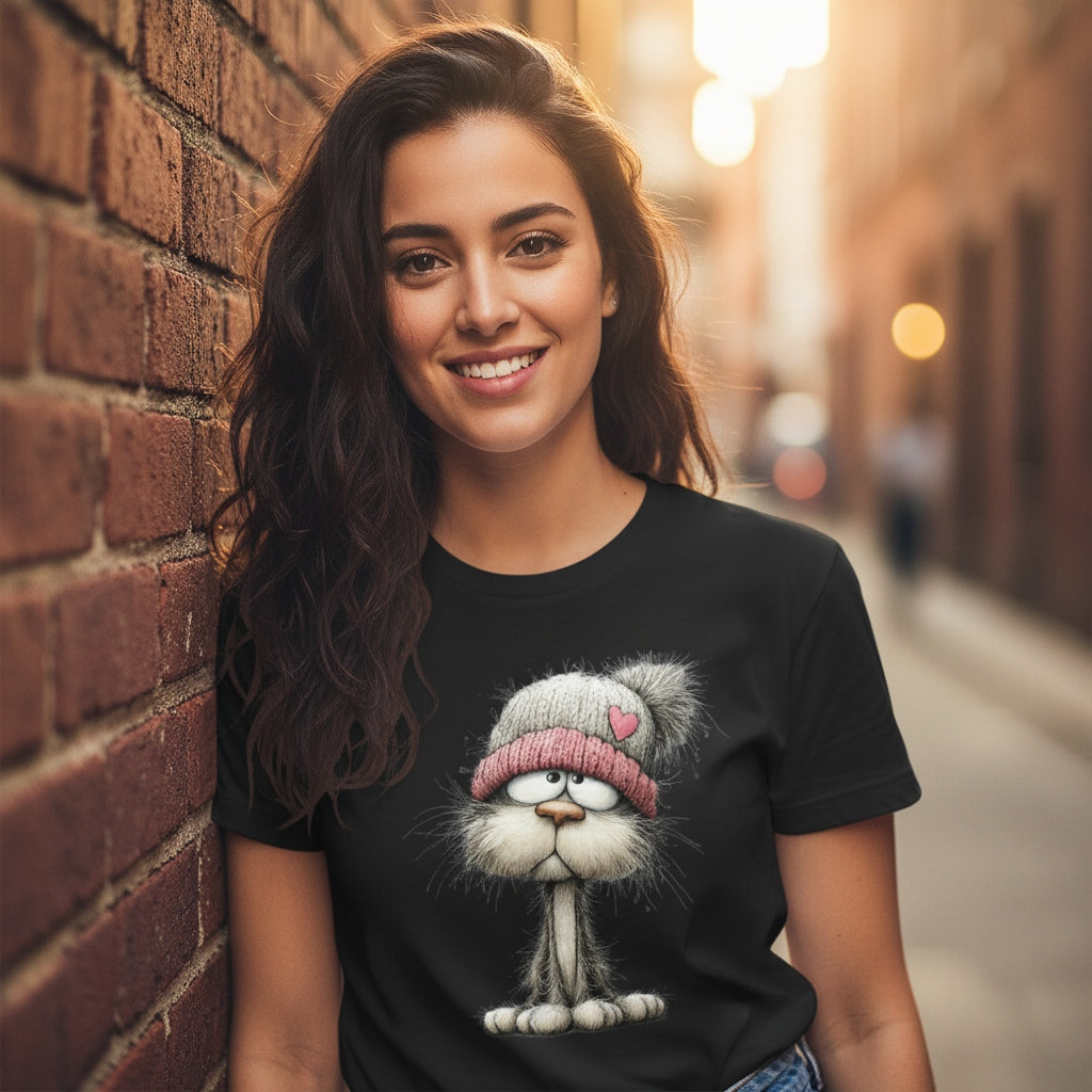 Woman wearing a black t-shirt with a cartoon cat design, standing against a brick wall.