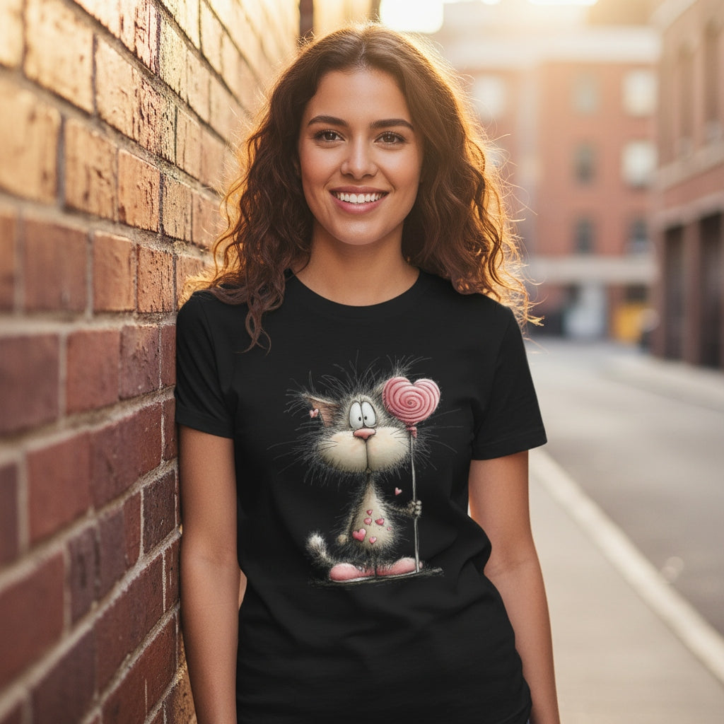 Woman wearing a black t-shirt with a cartoon cat design, standing against a brick wall.