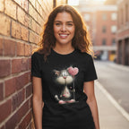 Woman wearing a black t-shirt with a cartoon cat design, standing against a brick wall.