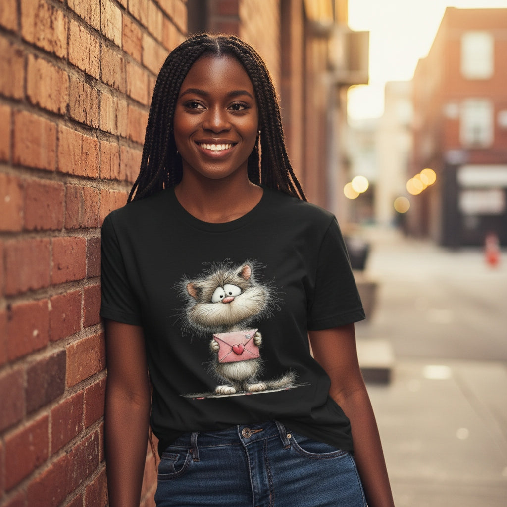 Woman wearing a black t-shirt with a cat graphic on a city street.