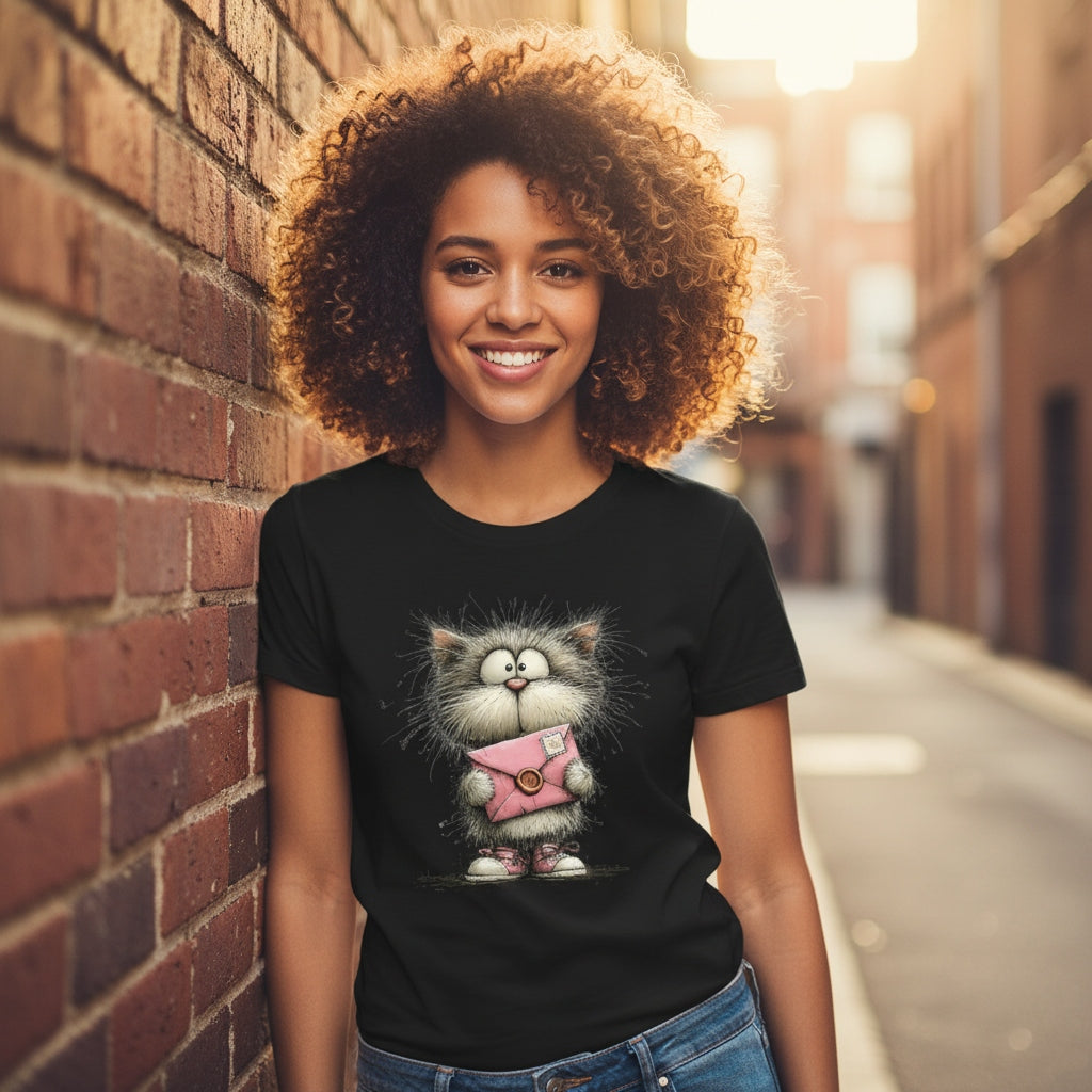Person wearing a black t-shirt with a cat graphic, standing against a brick wall.