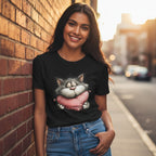 Woman wearing a black t-shirt with a cartoon cat design, standing against a brick wall.