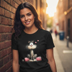 Woman wearing a black t-shirt with a cat graphic on a city street.