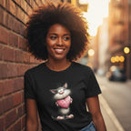 Woman wearing a black t-shirt with a cartoon cat design, standing against a brick wall on a city street.