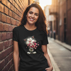 Woman wearing a black t-shirt with a cartoon cat design, standing against a brick wall.