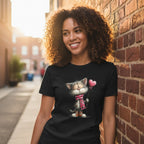 Woman wearing a black t-shirt with a cat graphic, standing against a brick wall.
