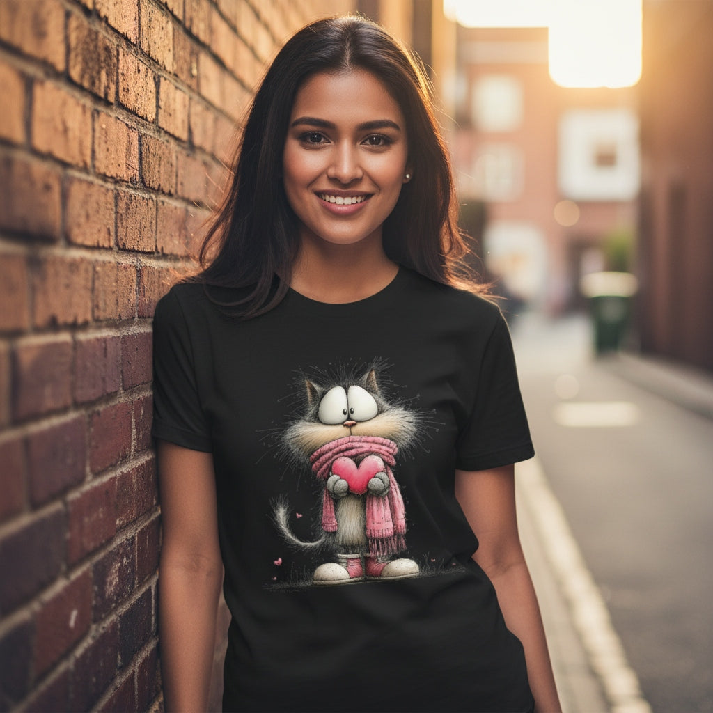 Women's black graphic tee featuring a cute cat in a pink scarf, perfect for casual wear.
