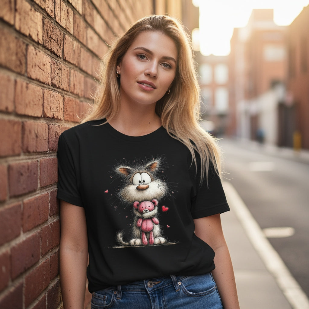 Cat Hugging Pink Teddy Bear T-Shirt - Valentine's Day Love & Cuddles by StayClothed.com