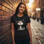 Woman wearing a black t-shirt with a cat graphic on a street.
