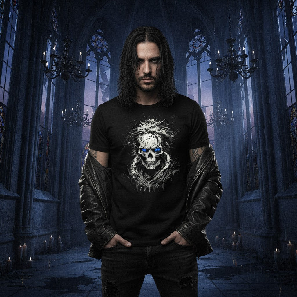 Man wearing a black t-shirt with a skull design in a gothic-style room.