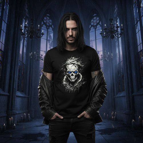 Man wearing a black t-shirt with a skull design in a gothic-style room.