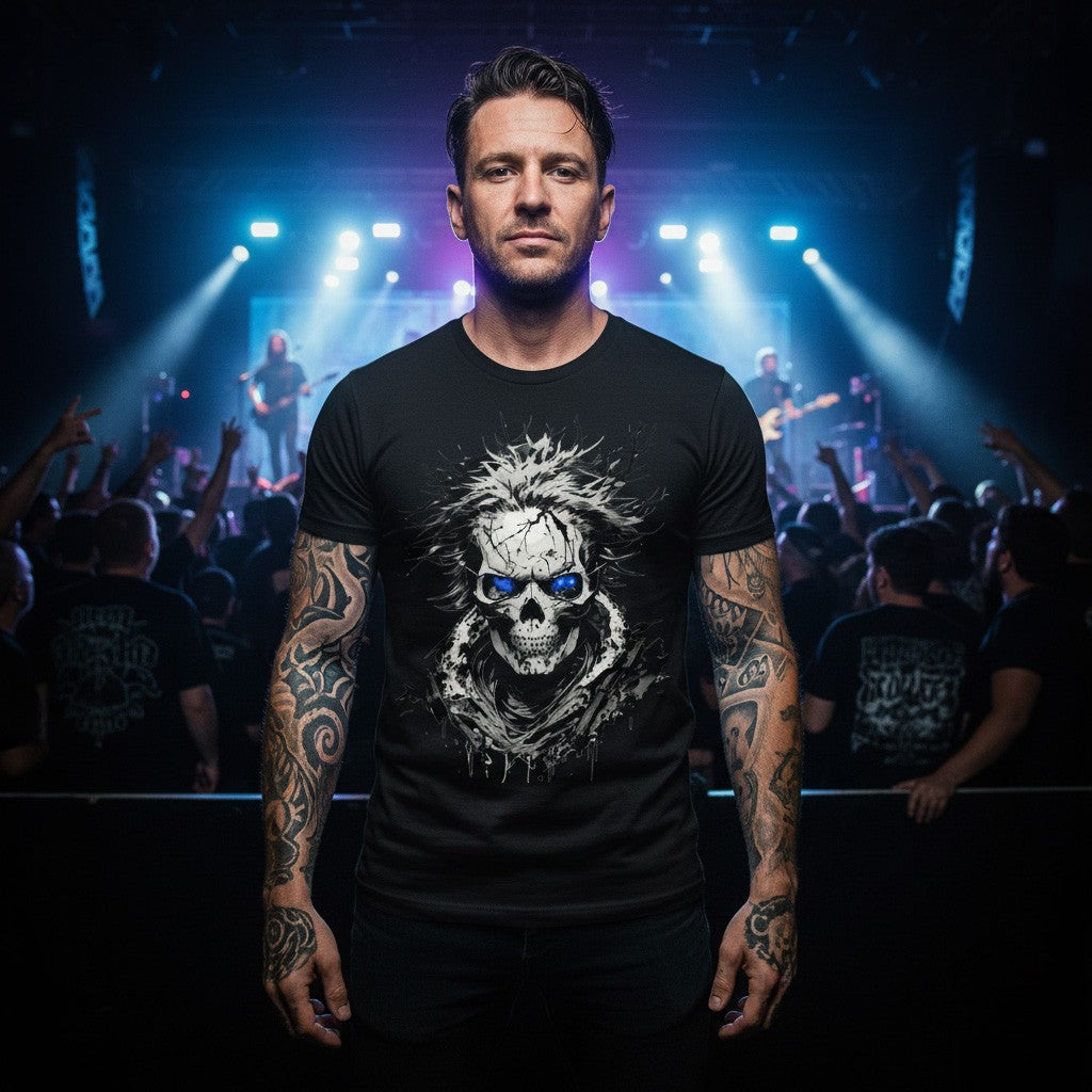 Man wearing a black t-shirt with a skull design at a concert.