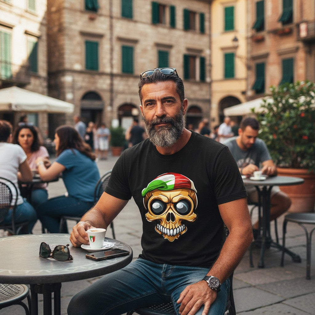 Man sitting at an outdoor cafe wearing a black t-shirt with a skull design, surrounded by people and buildings.